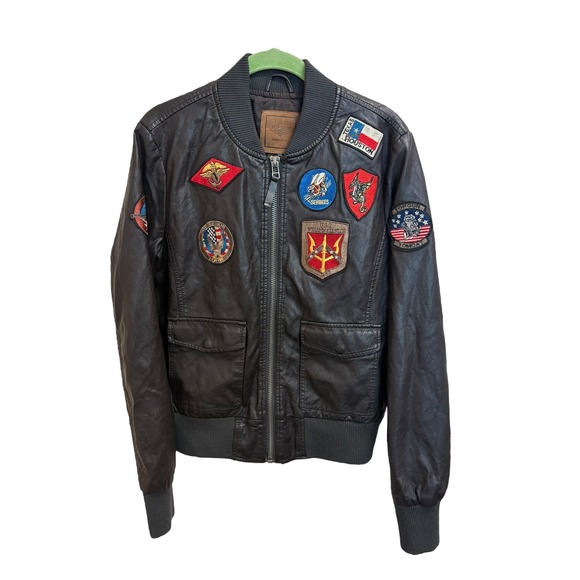 Top Gun Official Womens Brown Faux Leather Bomber Jacket Nwot sz M Fully Lined - Picture 8 of 14
